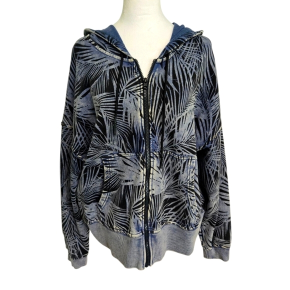 JoyLab Womens Blue Tropical Leaf Zip Front French Terry Hoodie W/pockets XL - Picture 2 of 7